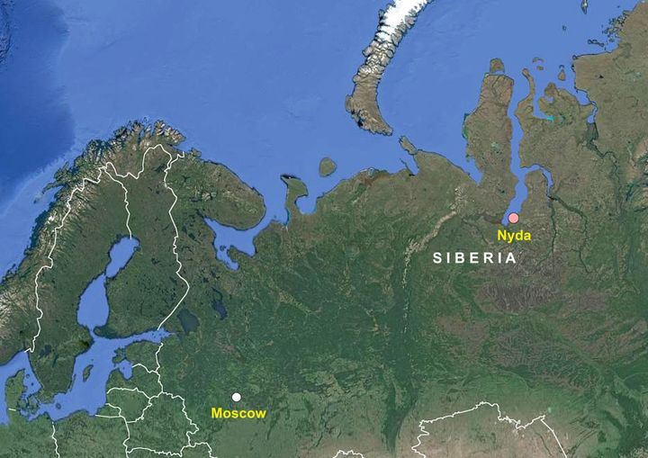 This map shows the location of the Siberian village of Nyda, where thousands of snowballs of varying sizes showed up.
