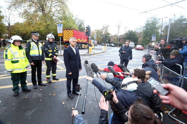 <strong>London Mayor Sadiq Khan addresses the press at the scene of the crash </strong>