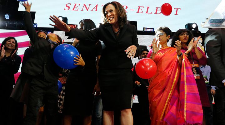 The celebration of Kamala Harris' win in California's Senate race was overshadowed by concerns over Donald Trump's presidential victory.
