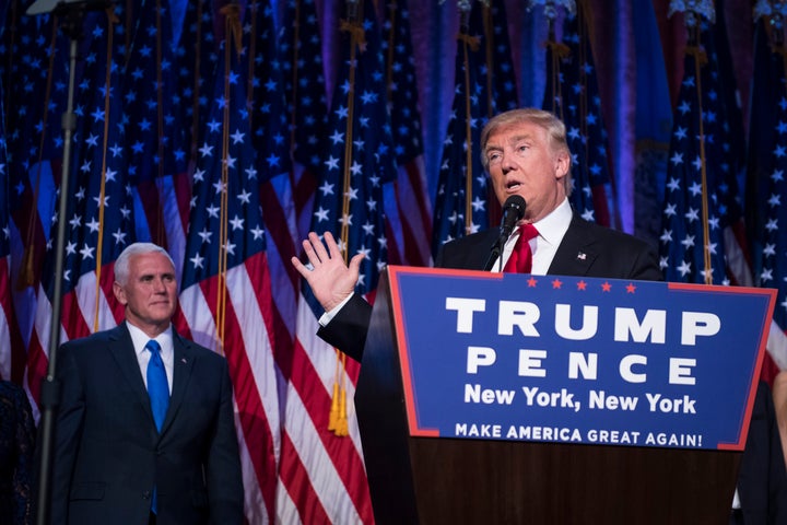 <p>President-elect <a href="https://www.huffpost.com/news/topic/donald-trump">Donald Trump</a> speaks with vice president-elect <a href="https://www.huffpost.com/news/topic/mike-pence">Mike Pence</a> by his side during an election rally in midtown in New York, NY on Wednesday November 09, 2016</p>