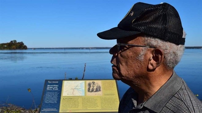 Frank White, a retired Air Force officer, at Aquia Landing Park, a onetime crossroad for slave trading in Stafford County, Vi