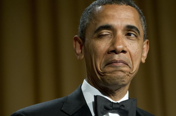 President Obama winks as he tells a joke about his place of birth during the White House Correspondents Association Dinner on April 28, 2012. 