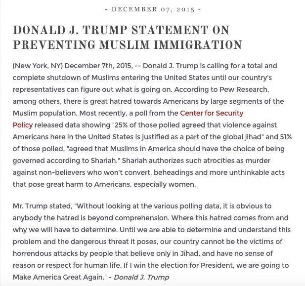 The statement announcing Trump's intent to ban Muslims from the United States as it appeared earlier this week.