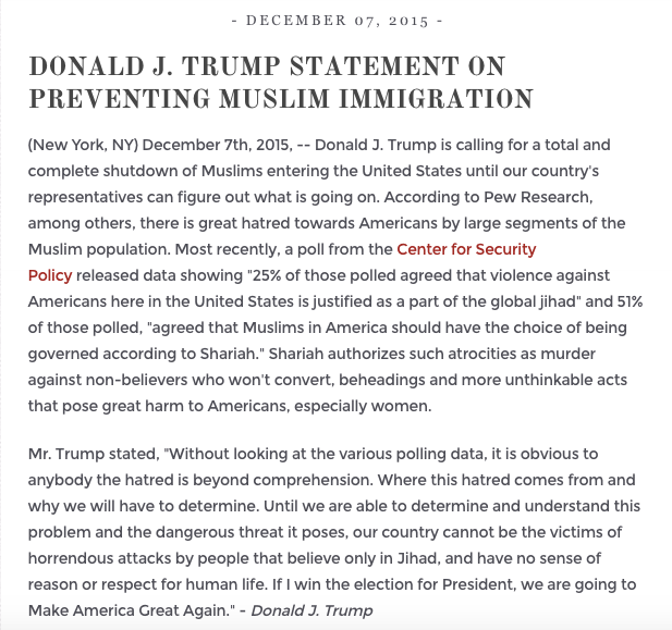 The statement announcing Trump's intent to ban Muslims from the United States as it appeared earlier this week.