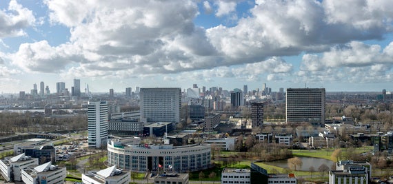 The Rotterdam skyline with Erasmus University in the foreground, as seen from Brainpark Rotterdam.