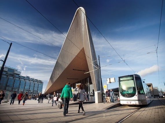 Electric tram stop in front of Rotterdam's Central Railway Station. 