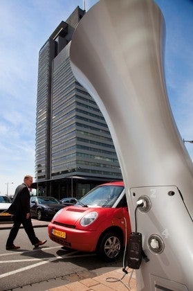 <p><em>One of Rotterdam's new electric vehicle</em> <em>charging stations.</em> </p>