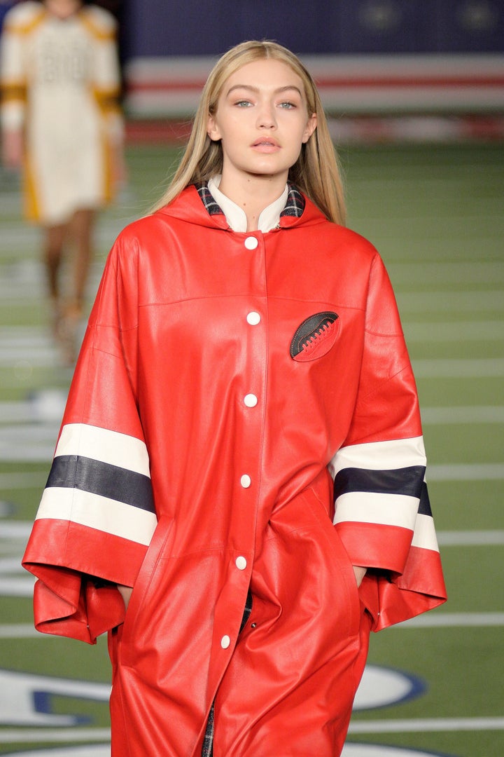 <strong>Gigi Hadid walks the runway for Tommy Hilfiger in February 2015</strong>
