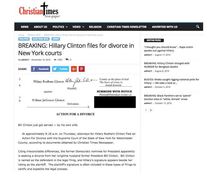 The Christian Times Newspaper published this story on its website which claimed that Clinton had filed for divorce from her husband.