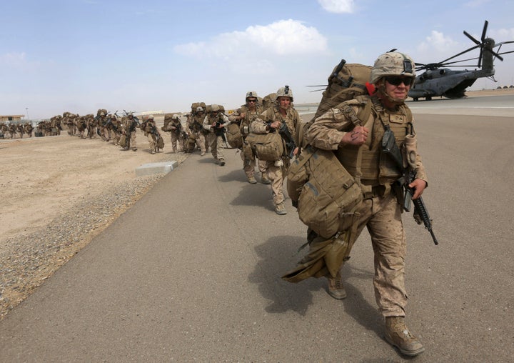 U.S. Marines depart Afghanistan in October 2014.