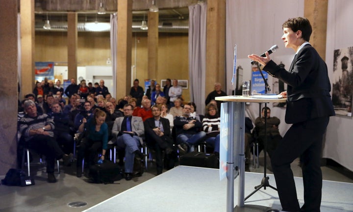 <strong>Frauke Petry, chairwoman of Alternative for Germany (AFD) addresses supporters during a rally</strong>