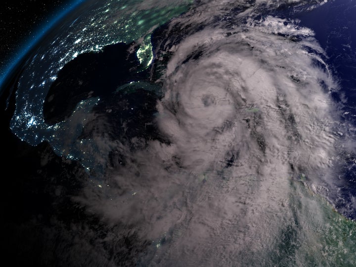 Huge hurricane Matthew at night near Florida. Matthew made landfall in Haiti, Cuba, and the South East US.