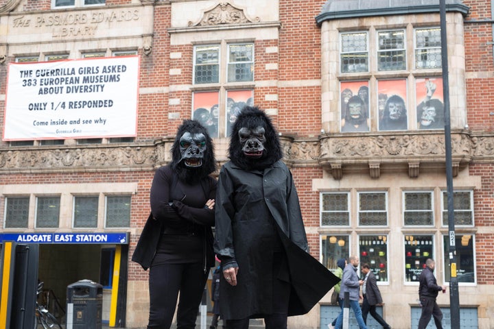 The Guerrilla Girls, a group of anonymous feminist activists founde din 1985, unveil a banner on a building in London to launch their new campaign, "Guerrilla Girls: Is it even worse in Europe?" It will be visible both inside and outside the gallery from Oct. 1 to March 5.