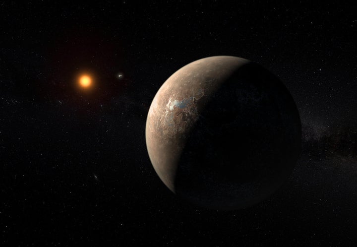 Artist’s impression of the planet Proxima b orbiting the red dwarf star Proxima Centauri, the closest star to our solar system. The double star Alpha Centauri AB is also seen in the image between the planet and Proxima Centauri. The Australian Parkes Radio Telescope is scanning this area of space, looking for intelligent alien radio frequencies.