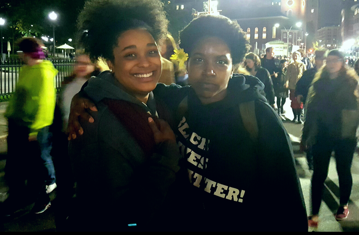 Tori Furtado (l) and Tatyana Farmer of Boston at November 9 Trump protest on Boston Common