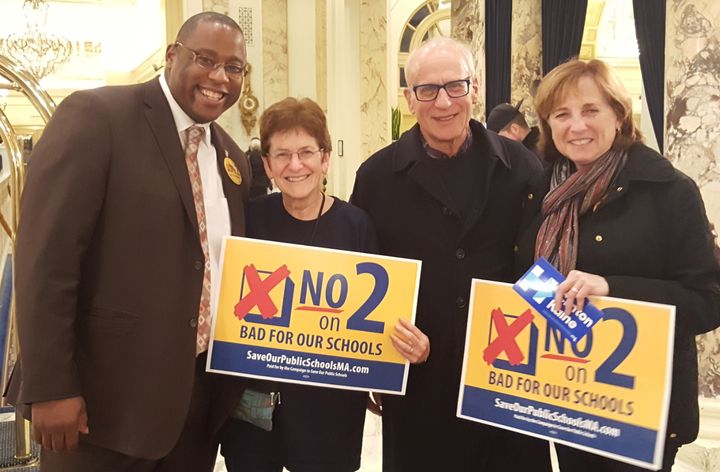 Boston City Councilor Tito Jackson; Julie Johnson; Brookline State Rep. Frank Smizik; and Arline Isaacson, Co-Chair of the Massachusetts Gay and Lesbian Political Caucus celebrate the No on Ballot Question 2 victory at the Fairmont Copley Plaza Hotel.