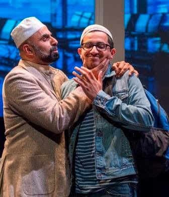 Mosque leader Sheikh Alfani (Munaf Alsafi) and his son, Hani (Salim Razawi) share a mutually awkward farewell at the airport in a scene from Our Enemies: Lively Scenes of Love and Combat