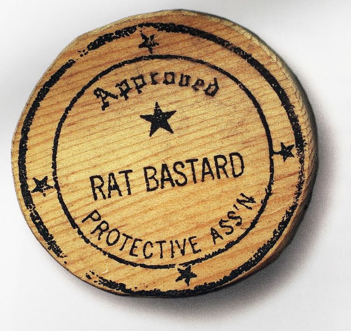 Back of the “Rat Bastard Protective Ass’n” stamp, created ca. 1957-58.