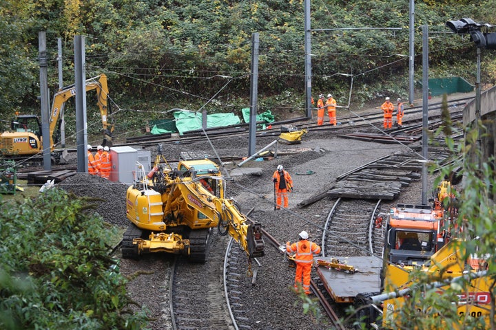 <strong>Repair work continues on the section of track where a tram crashed, killing seven people, in Croydon, south London.</strong>