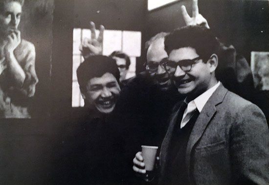 Carlos Villa (left), Art Grant (center), Manuel Neri (right) in the Batman Gallery. Portrait of Robert Ronnie Branaman at left.