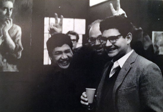 Carlos Villa (left), Art Grant (center), Manuel Neri (right) in the Batman Gallery. Portrait of Robert Ronnie Branaman at lef