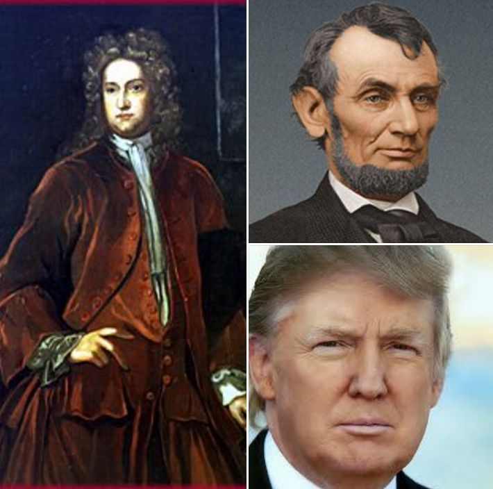 Left: Governor of the Virginia Colony, William Berkley Right: 16th US President Abraham Lincoln Bottom: 45th US President-elect Donald Trump