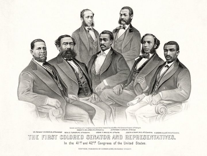 First African American Senator and Representatives: Sen. Hiram Revels (R-MS), Rep. Benjamin S. Turner (R-AL), Robert DeLarge (R-SC), Josiah Walls (R-FL), Jefferson Long (R-GA), Joseph Rainey and Robert B. Elliott (R-SC)