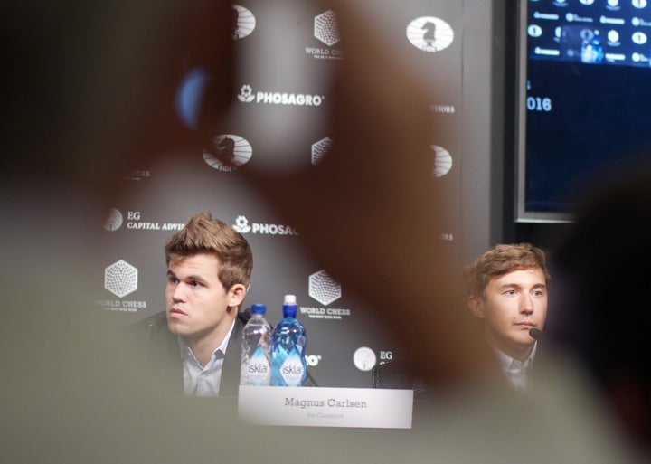 <p>Magnus Carlsen and Sergey Karjakin at their first post-game press conference</p>