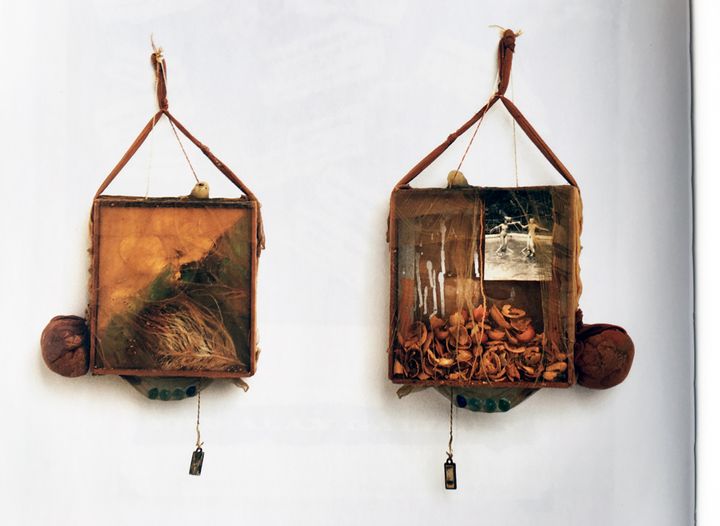 Bruce Conner, RATBASTARD 2, 1958 (recto and verso). Wood, nylon, twine, candle, glass marbles, paint, nutshells, photographic reproduction, metal charm, string, feather, sequins)