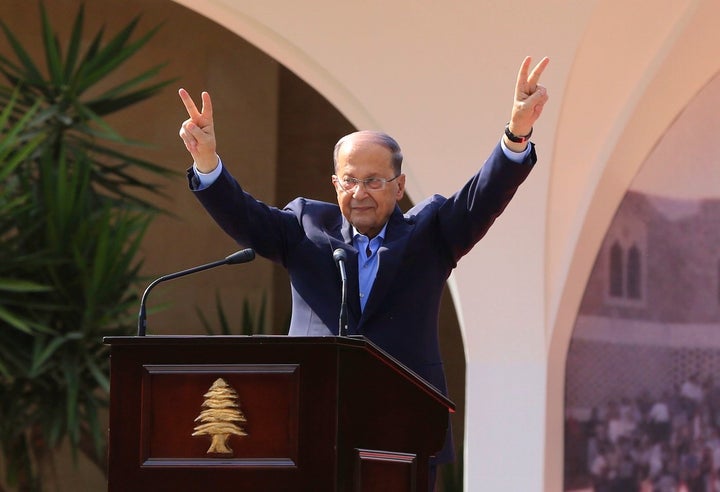 Lebanon’s newly elected president Michel Aoun speaks before thousands of supporters at the presidential palace, Nov. 6,