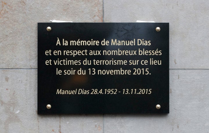 A commemorative plaque is seen outside the Stade de France stadium in Saint-Denis, near Paris.