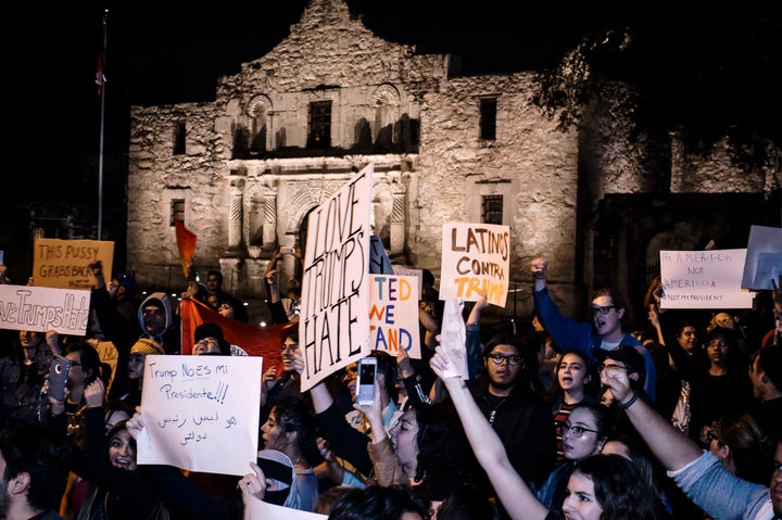 <em>A protest in front of The Alamo in San Antonio, Texas.</em>