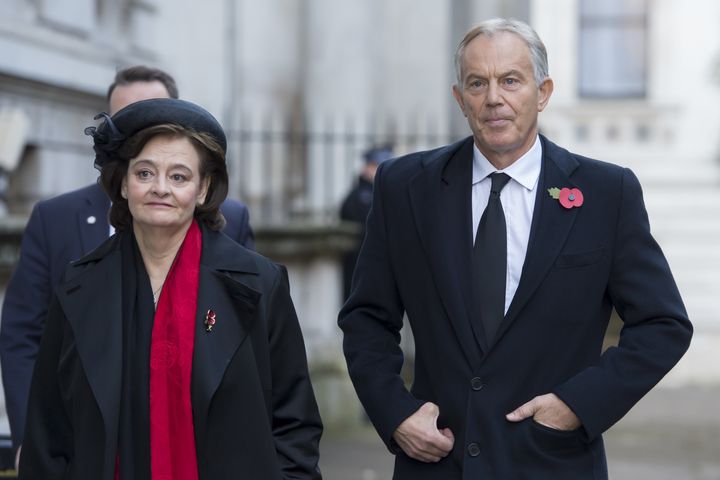 Former Prime Minister Tony Blair and Cherie Blair walk through Downing Street on their way to the annual Remembrance Sunday Service.