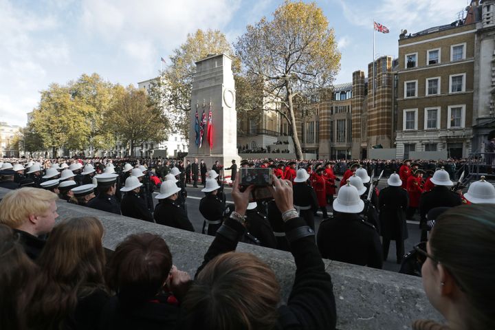 Veterans parade during the annual Remembrance Sunday Service at the Cenotaph.