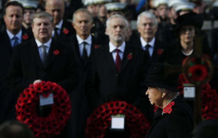 Britain's Queen Elizabeth II takes part in the Remembrance Sunday service at the Cenotaph in London