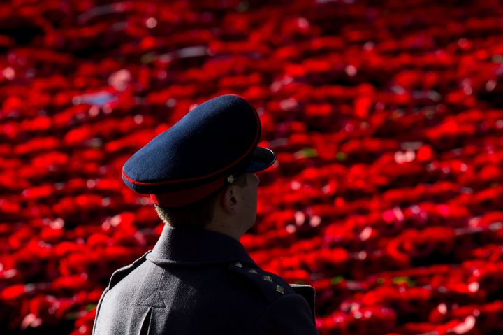 A soldier looks out over poppy wreaths laid at the Cenotaph.