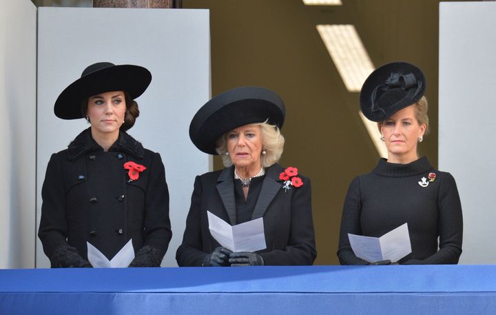 (Left to right) The Duchess of Cambridge, Duchess of Cornwall and the Countess of Wessex during the annual Remembrance Sunday Service.