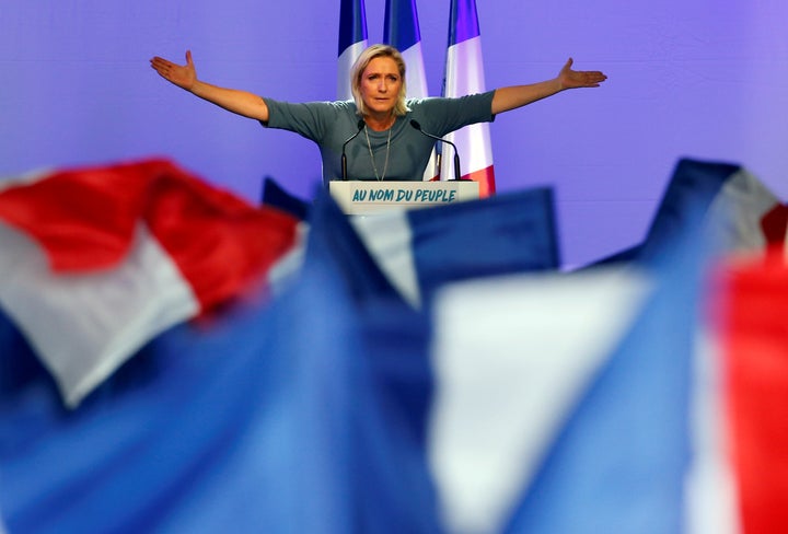 Marine Le Pen, French National Front (FN) political party leader, gestures during an FN political rally in Frejus, France, Se