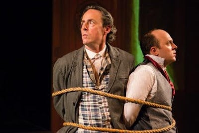 <p>Michael Monagle (Sherlock Holmes) and Dan Seda (Watson) in a tense scene from <em><strong>Baker Street</strong></em></p>