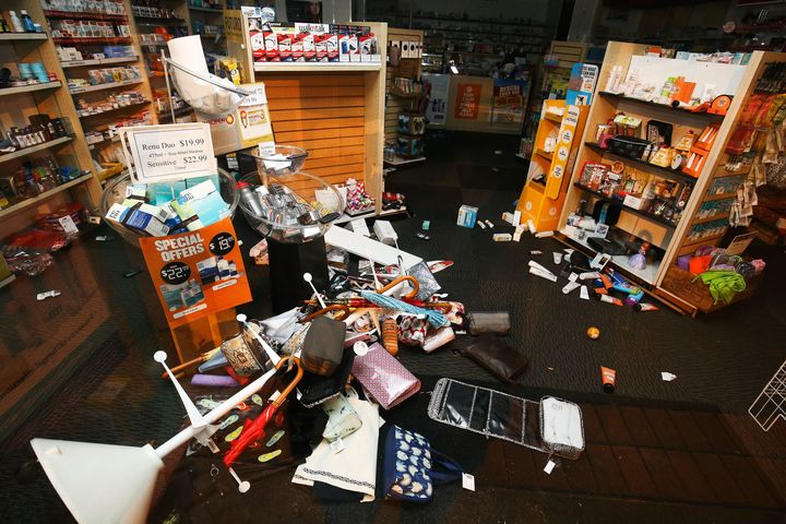 Products lie on the ground in a pharmacy after an earthquake on November 14, 2016 in Wellington, New Zealand.