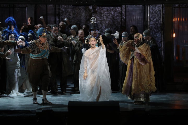 Anthony Roth Costanzo (center) in the title role of "Akhnaten," with Kihun Yoon (left) as Horemhab and Frederick Ballentine (right) as the High Priest of Amon. (Photo: Craig T. Mathew / LA Opera)