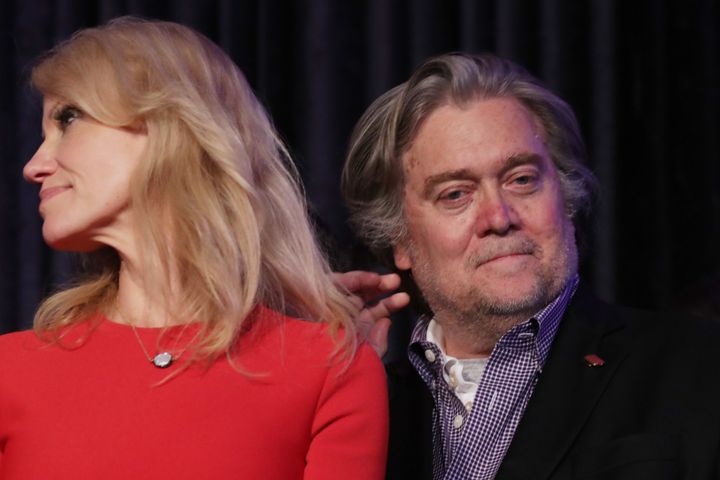 Trump's campaign manager, Kellyanne Conway, and Bannon on election night.