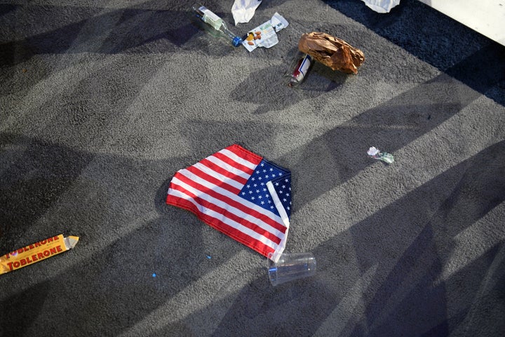 A flag is photographed on the floor of the Javits Center on November 8, 2016 in New York City, New York.