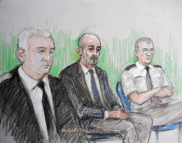 A court artist's sketch of Thomas Mair (centre) in the dock at the Old Bailey
