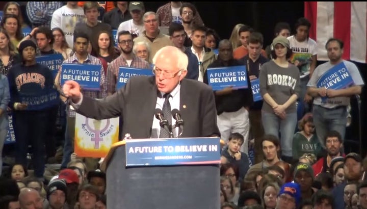 <p><a href="https://www.huffpost.com/news/topic/bernie-sanders">Bernie Sanders</a> in Syracuse, N.Y., 2016</p>