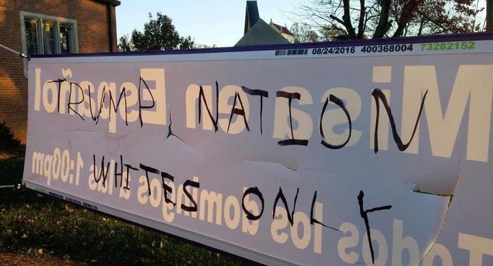 Vandals defaced a banner advertising a Maryland church's Spanish-language services.