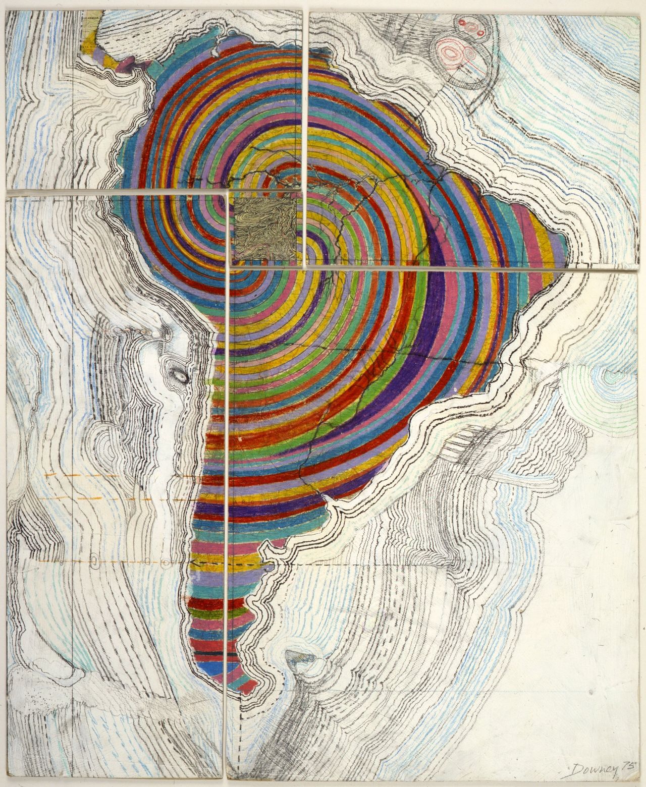Juan Downey, "Map of America," 1975. Colored pencil, pencil, and synthetic polymer paint on map on board.