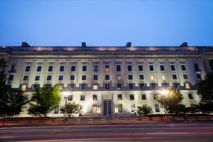 The Department of Justice at night.