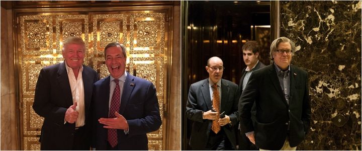 Donald Trump with Nigel Farage (left) and the president-elect's chief strategist Steve Bannon (right)