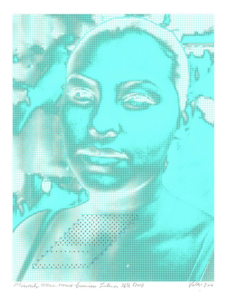 Brown Dot Project: Latina Business Owners, 36%. Repurposed photograph, pigment print, archival marker, Prismacolor pencil.